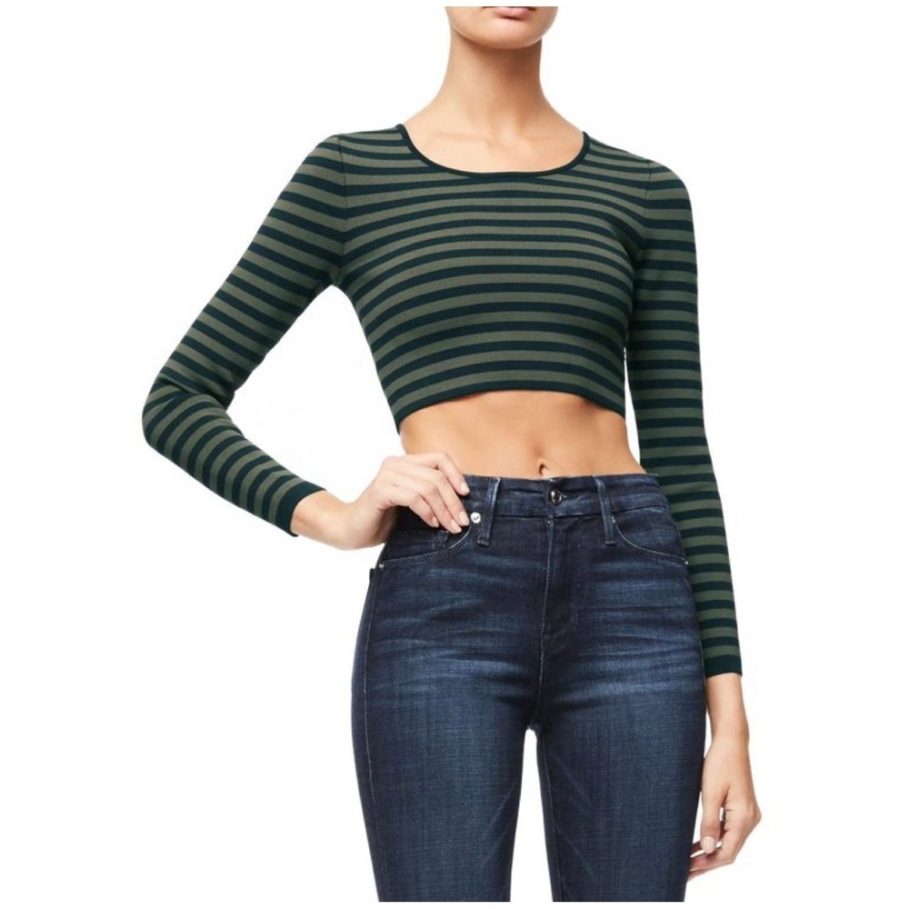Good American Womens Stripe Long Sleeve Crop Top in Green/Navy Size 2